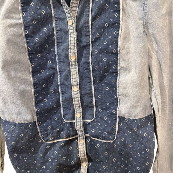 Holding Horses Womens Patchwork Denim Button-Up Shirt Long Sleeve Size 2 Cotton - Picture 3 of 4
